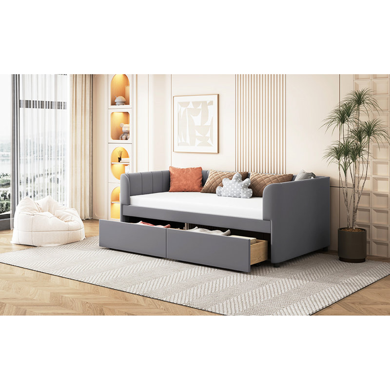 Lit de jour simple en velours gris avec dossier ergonomique et 2 tiroirs pour plus de rangement, style contemporain, Grey