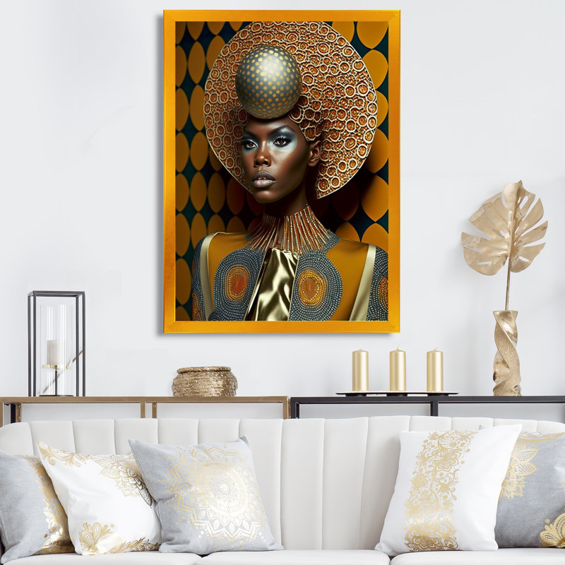 «Exquiste African Woman Design VI», reproduction sur toile, H 32 po x l 16 po x P 1 po, Encadrement doré