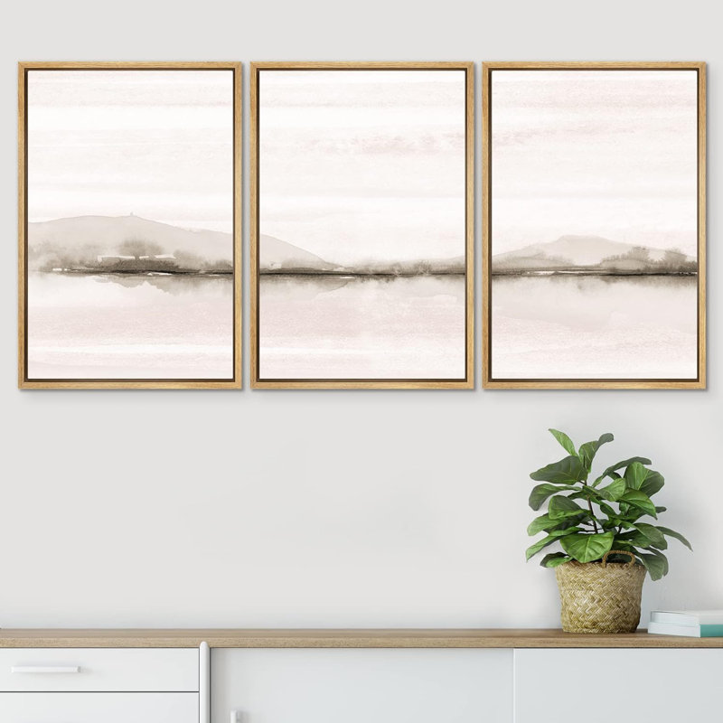 «Minimal Landscape», reproduction d'art sur toile encadrée, coucher de soleil pastel, forêt, lac, nature sauvage, illustrations, art moderne, paysage rustique, détente / calme pour le salon, la chambre à coucher, le bureau, reproduction sur toile, 3