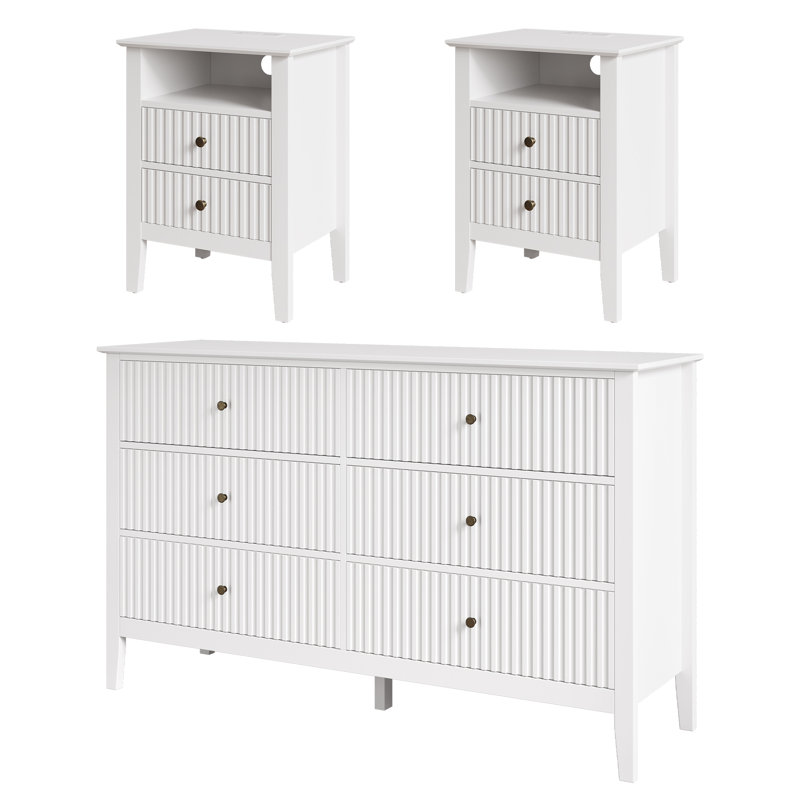 3-Piece Furniture Set, 6 Drawer Dresser And Nightstands Set Of 2