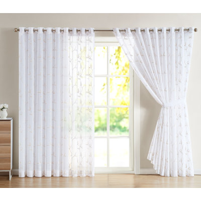 Pair Of Extra Large Sheer Room Divider Curtains With Leaf Embroidery