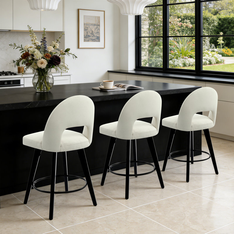Tabouret de bar et de comptoir pivotant 26 po avec structure en bois massif, Blanc, 3 chaises 