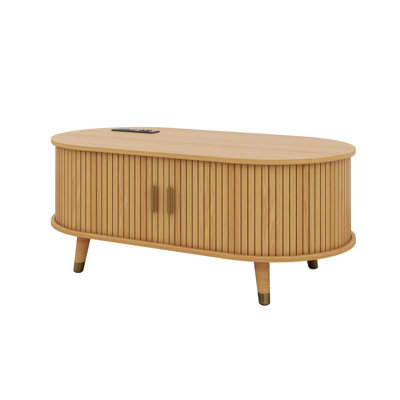 42.5"W Fluted Oval Coffee Table With Charging Station, Vintage Mid Century Table With Sliding Tambour Door And Legs