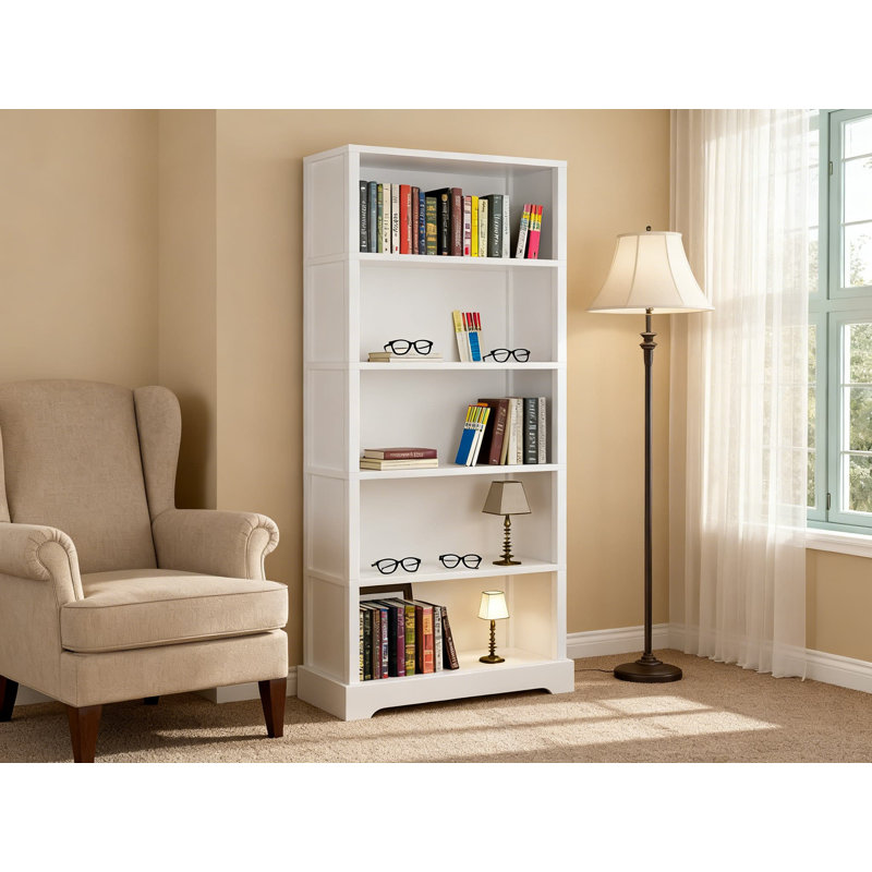 Bibliothèque à 5 niveaux en bois avec rangement, bibliothèque sur pied de style campagnard avec base arquée, organisateur de présentation spacieux pour le salon, le bureau et le bureau
