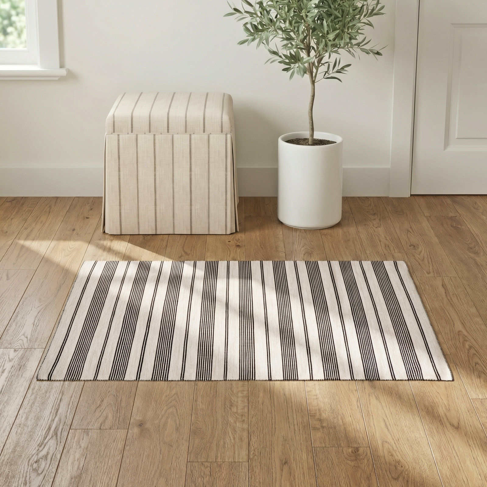 Perci Black Hand-Woven Striped Rug, Rectangle 2' x 3'