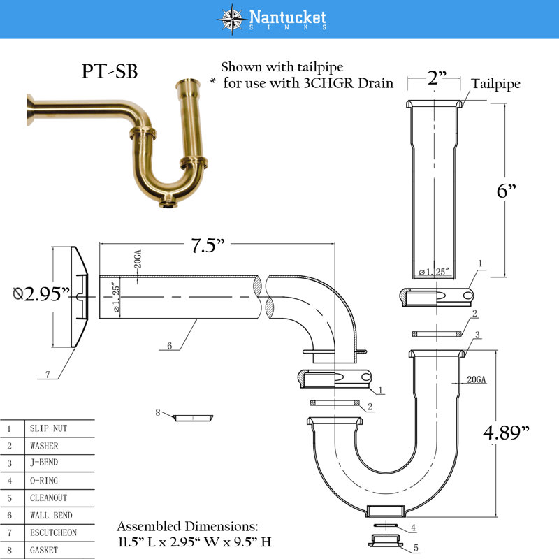 Nantucket Sinks' P-trap With Tailpipe, Brass