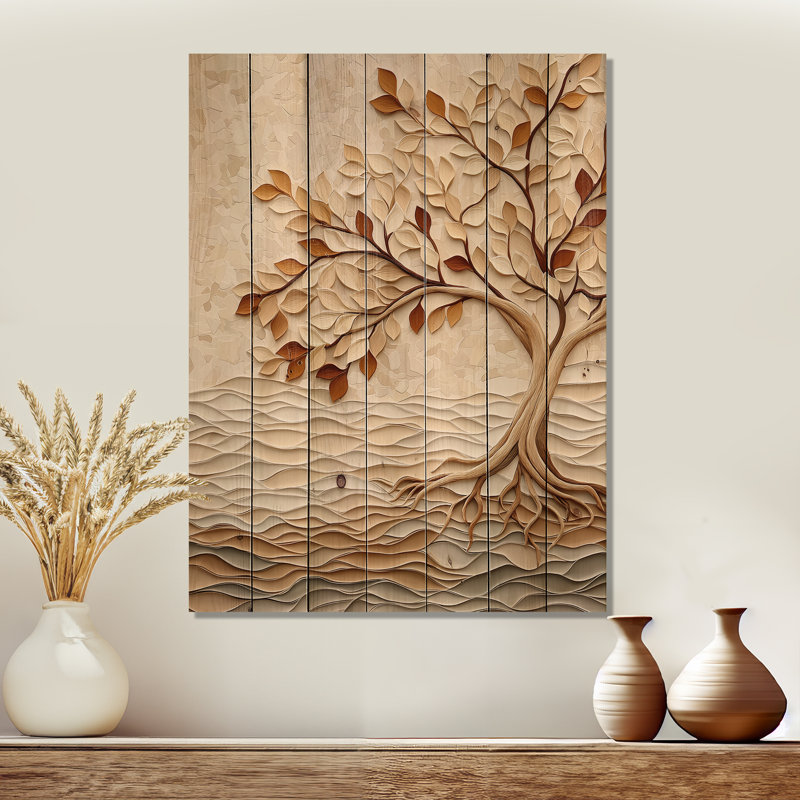 Arbre de banian coloré d'automne avec racines tissées - paysage moderne, art mural sur bois de pin naturel