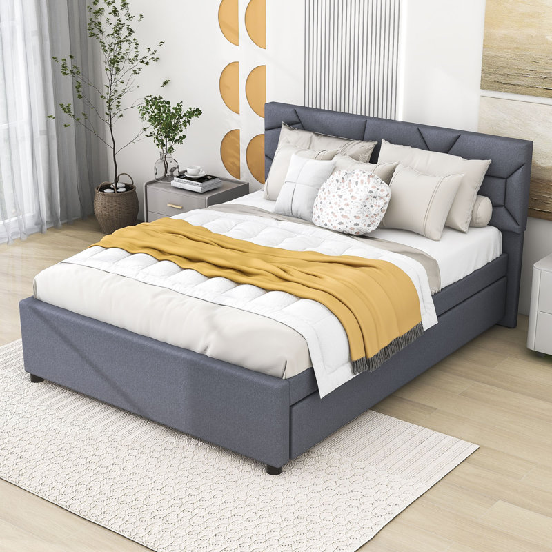 Lit plateforme tapissier à deux tiroirs avec tête de lit et lit gigogne à motif brique, Complète, gris