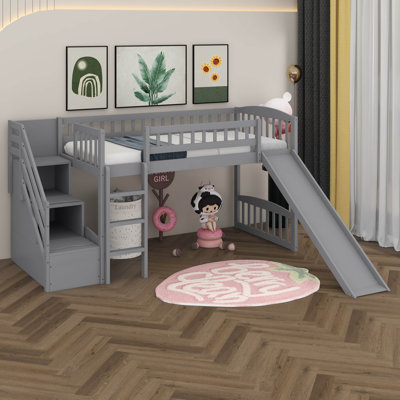 Lit mezzanine simple avec glissade et escalier de rangement pour enfants, lit mezzanine en bois avec échelle intégrée