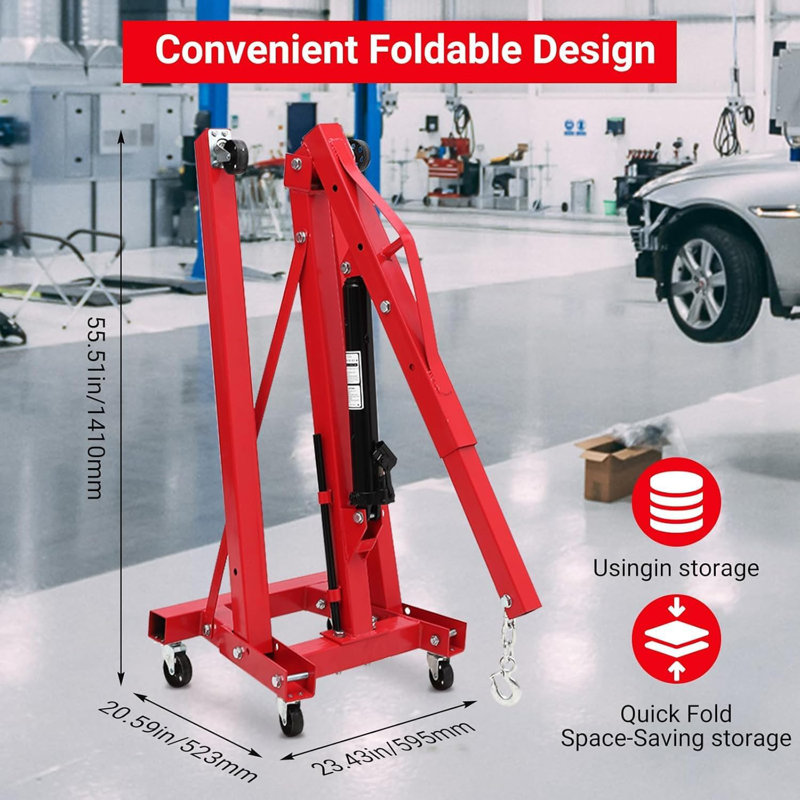 Palan à moteur hydraulique pliable de 2 tonnes, cueilleur à cerisier robuste de 4 400 lb avec 6 roues pivotantes et flèche réglable pour garage, atelier, entrepôt, rouge