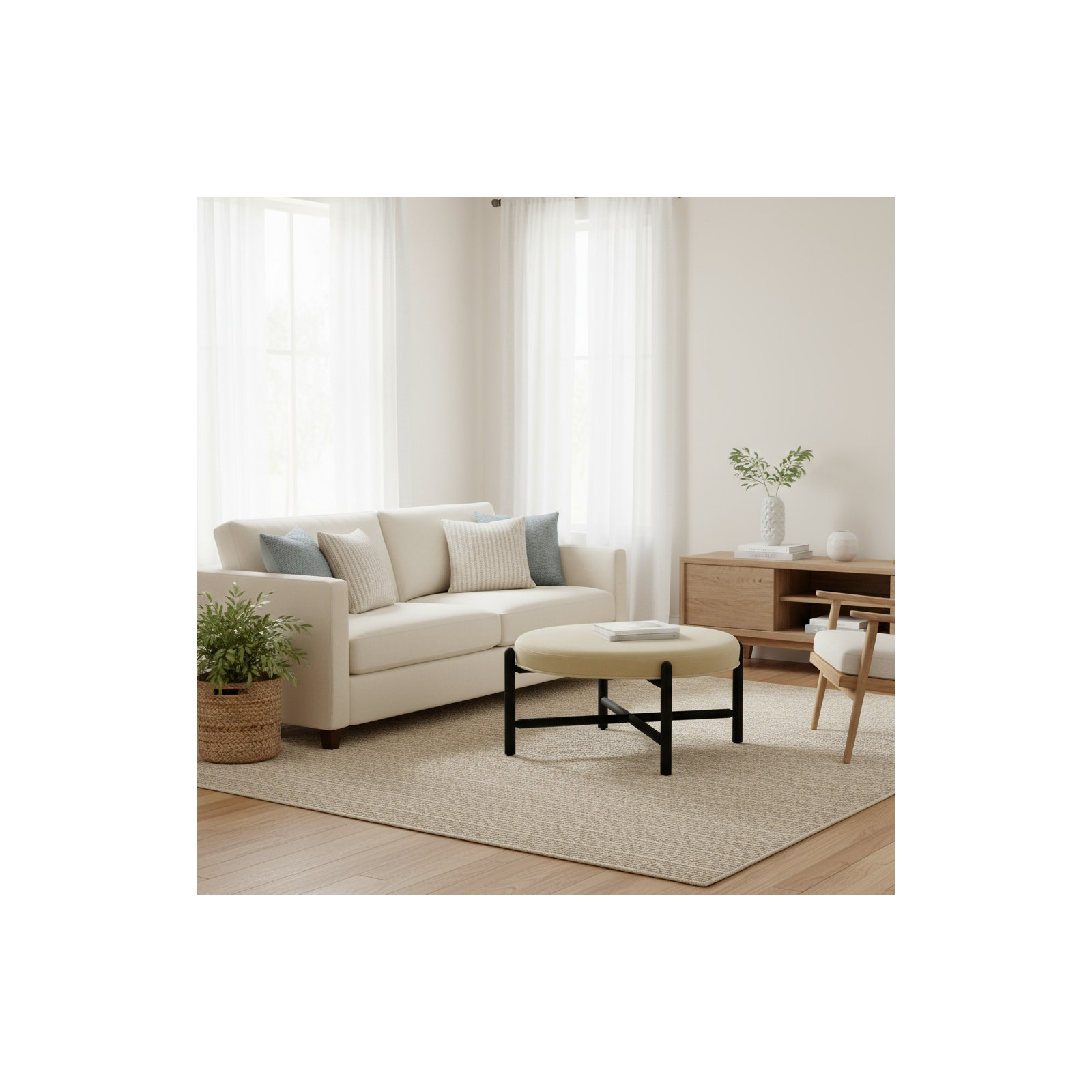 Vane 36" Round Ottoman, Black, Khaki