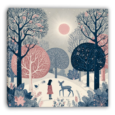Girl and Fawn Winter Walk Wrapped Canvas Wall Art