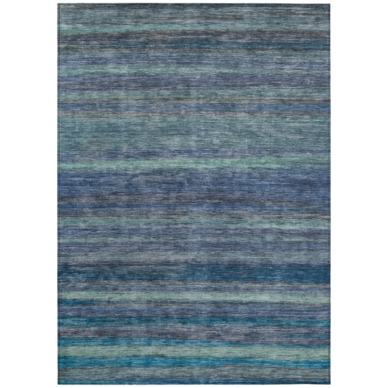 10' X 14' Blue And Grey Striped Washable Indoor Outdoor Area Rug