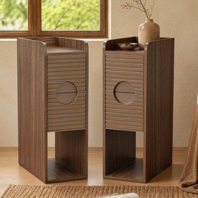 Modern Narrow Nightstands, with 2 Drawers & Open Storage for Small Spaces, Walnut
