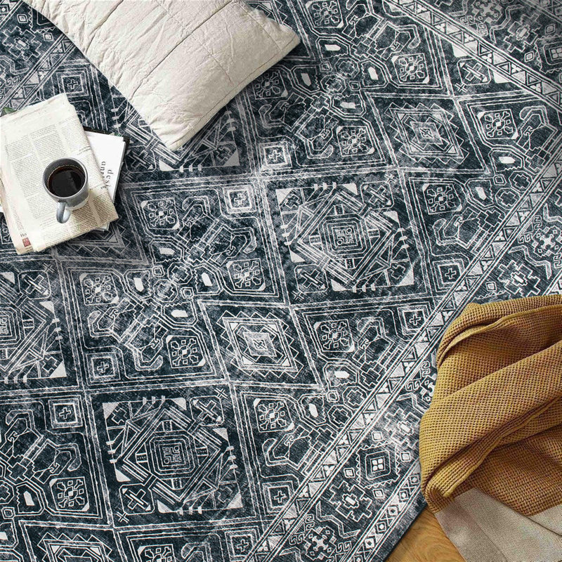 Tapis transitionnel bohémien délavé et antidérapant, Rectangle 5 pi x 7 pi