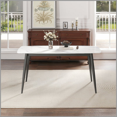 Modern Artificial Stone White Curved Edge Dining Table With Black Metal Legs For 6-8 People, Durable And Easy To Clean