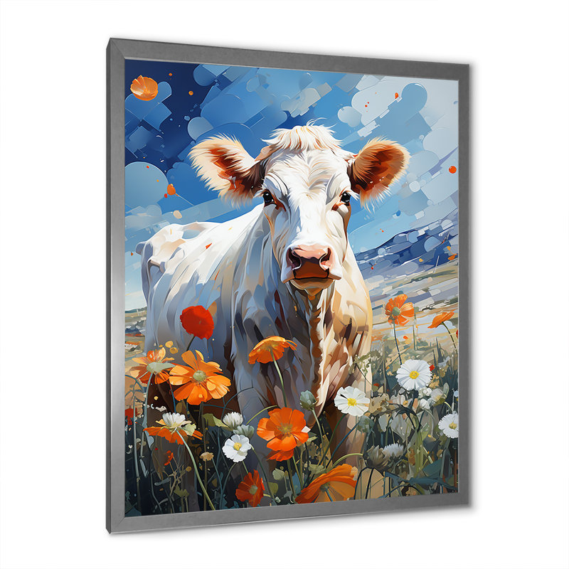 «Cow Cow Floral Grazing II», reproduction sur toile, H 20 po x l 12 po x P 1 po, Cadre photo argenté