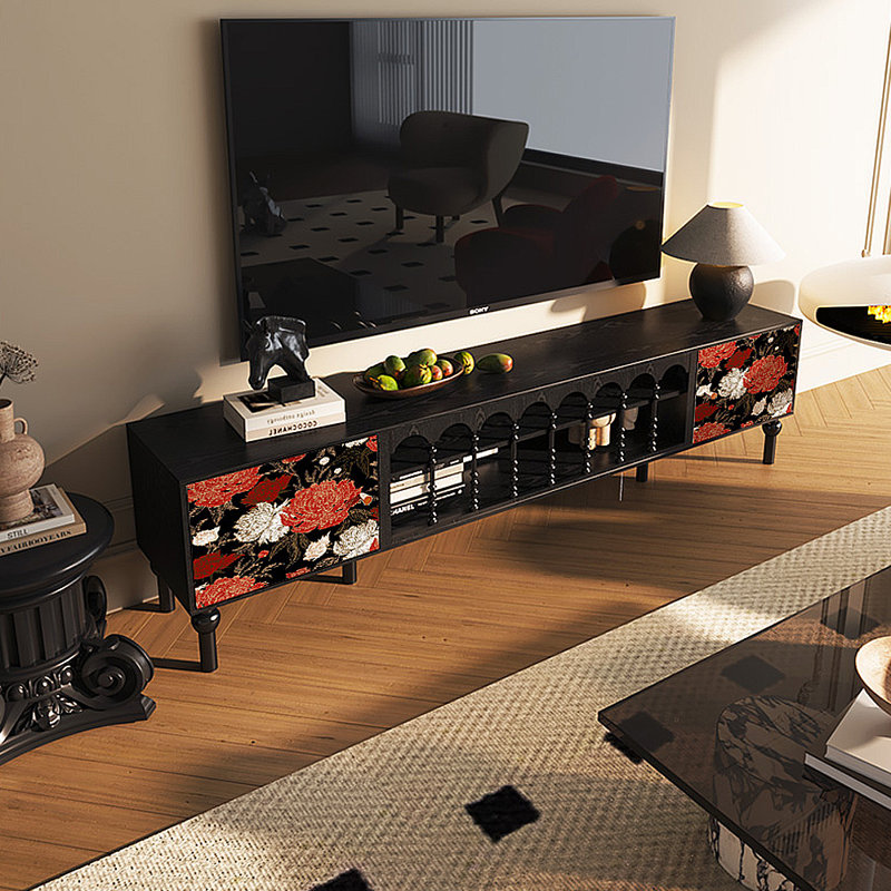 Meuble télé avec rangement peint français rétro, H 21,26 po x L 86,61 po x l 15,75 po, Noir