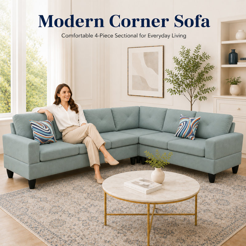 4-Piece Modular Sectional Sofa with Reversible Chaise and Toss Pillows, Light Green