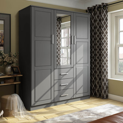 Aveah 100% Solid Wood 3-door Wardrobe Armoire with Mirrored Door