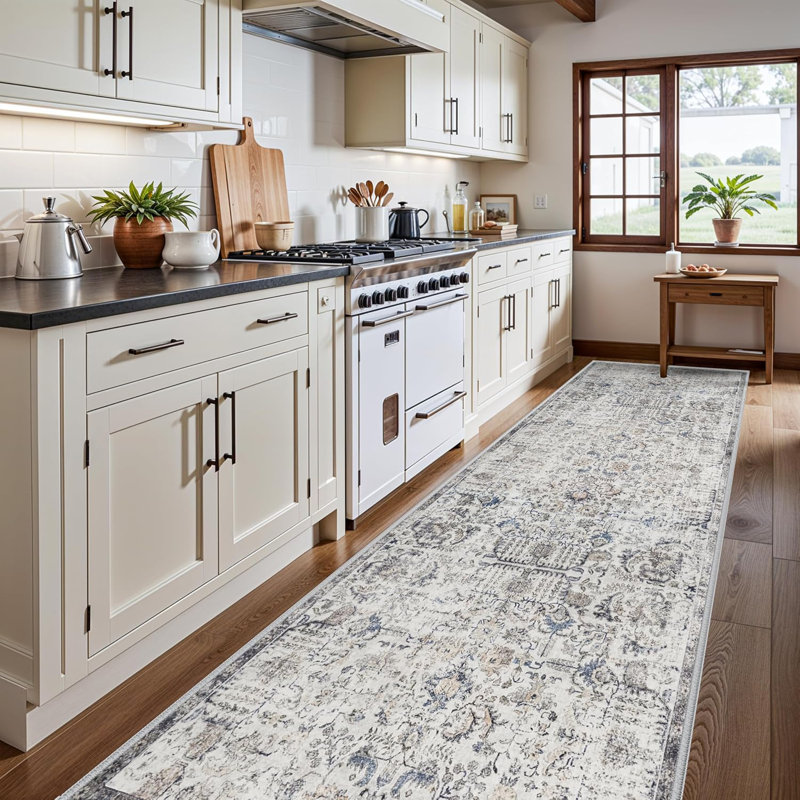 Washable Rugs - Vintage Kitchen Rug Stain Resistant Rugs for Living Room Bedroom Laundry Room Mat Distressed Hallway Floor Carpet (Brown/Blue)