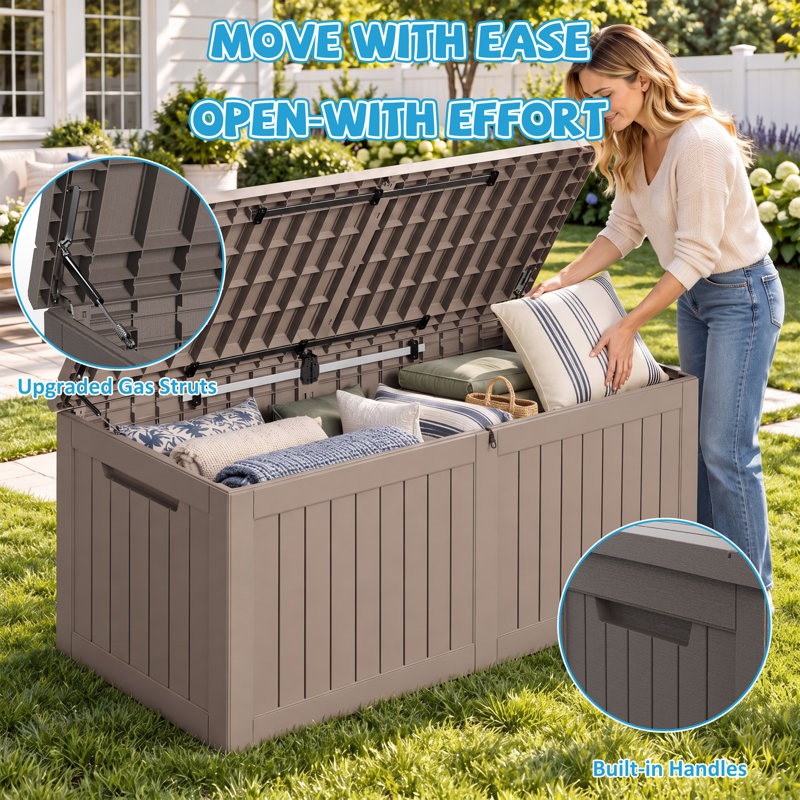 280 Gallon Large Outdoor Resin Deck Box, Waterproof Storage Box with Gas Struts, Lockable Lid, and Spacious Storage for Patio Cushions, Garden Tools