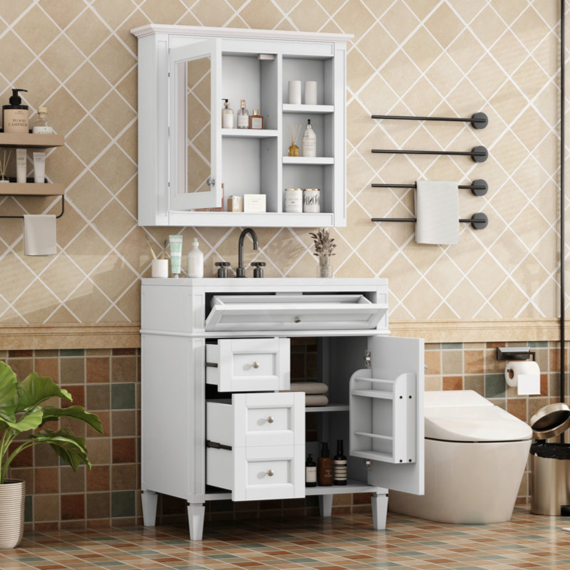 Ensemble de meuble-lavabo autoportant 30 po avec lavabo supérieur, meuble-lavabo moderne avec 2 tiroirs et un tiroir basculant, meuble-lavabo autoportant avec miroir et meuble-lavabo simple
