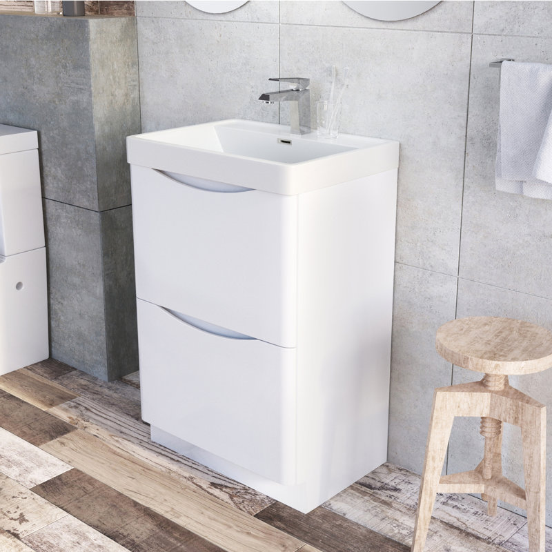 Stanhope 600 mm Freestanding Single Vanity with Integrated Resin Basin, White Glass