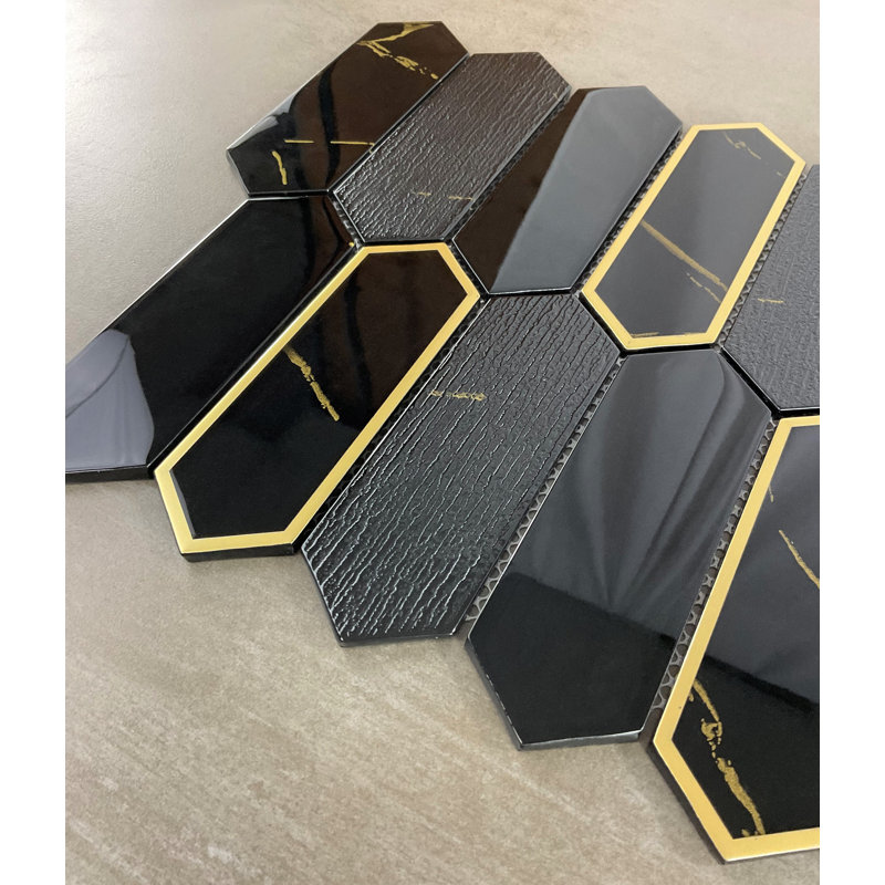 Glass Mosaic Wall Tile, Black & Gold Glazed