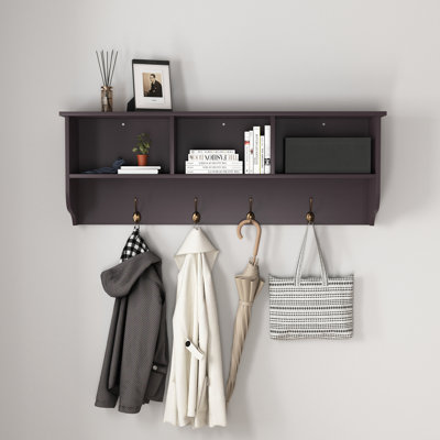 Entryway Wall Mounted Coat Rack With 4 Dual Hooks Living Room Wooden Storage Shelf