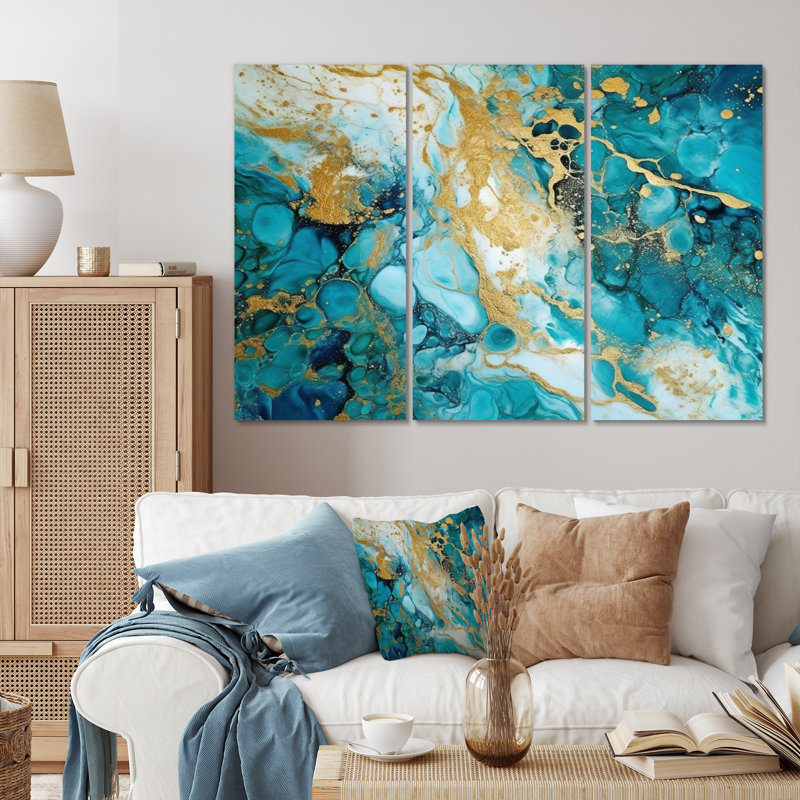 Turquoise de luxe, art abstrait fluide VI - 3 pièces sur toile tendue, H 40 po x l 60 po x P 1 po