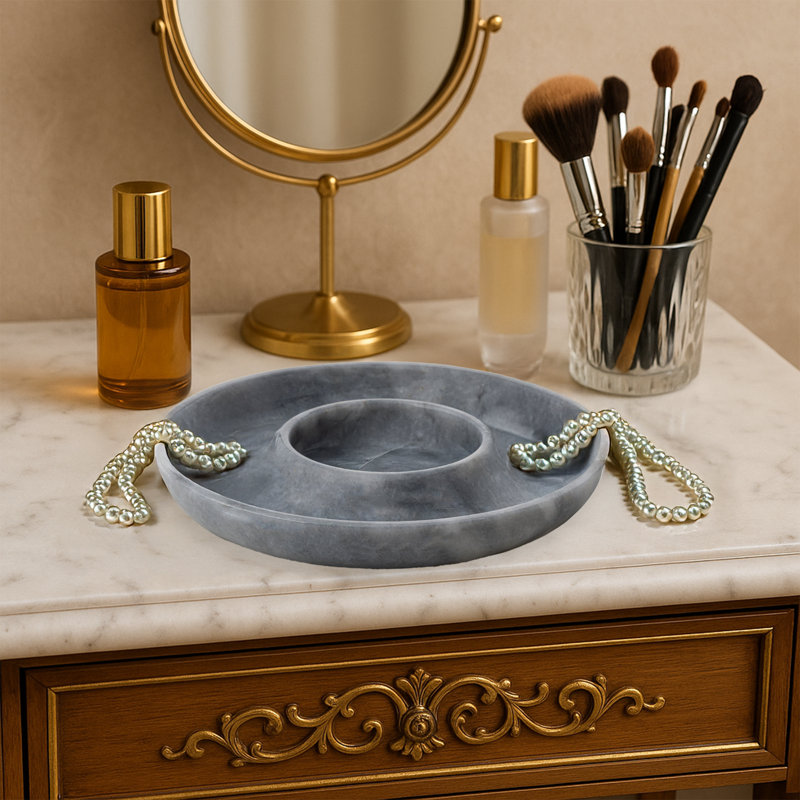100% Marble Round Bathroom Tray, Gray