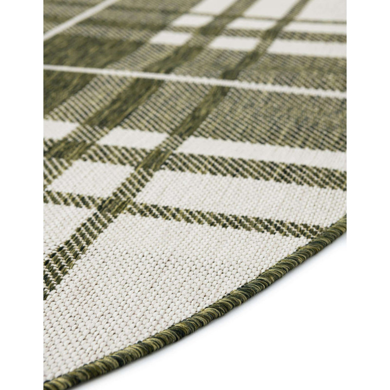 Tatasha Plaid Power Loom Polypropylene Plastic Indoor/Outdoor Area Rug in White/Green, Round 3'3"