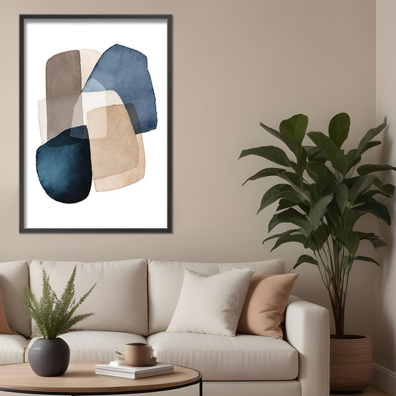 «Abstract Blue Brown Blocks» par Kathrin Pienaar, œuvre d'art sur papier encadrée, H 36 po x l 24 po