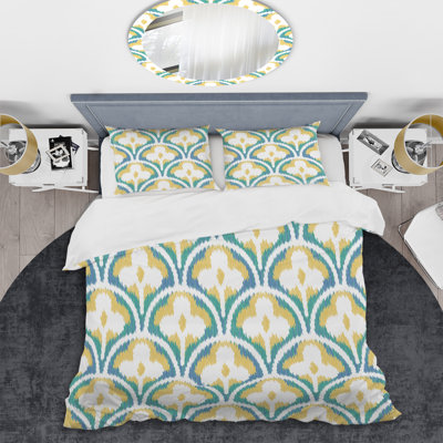 Green Ikat Ogee - Ensemble de housse de couette abstrait - Microfibre de polyester