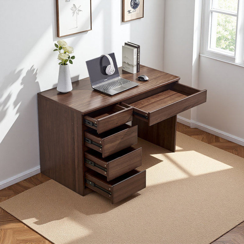 Un bureau en noyer avec plusieurs tiroirs de rangement, H 30,31 po x l 47,24 po x P 23,62 po
