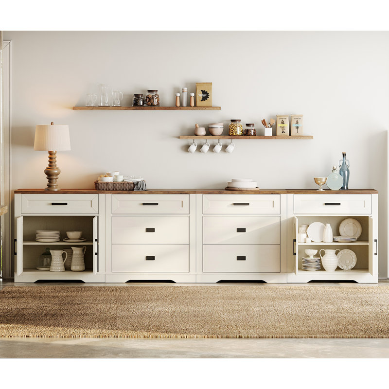 126"W Extra-Large File Cabinet, 4-In-1 Farmhouse  Office Storage Console With 6 Drawers And Storage Barn Door Sections, Spacious File Cabinet With Adjustable Shelves For Office, Bedroom,Cream White