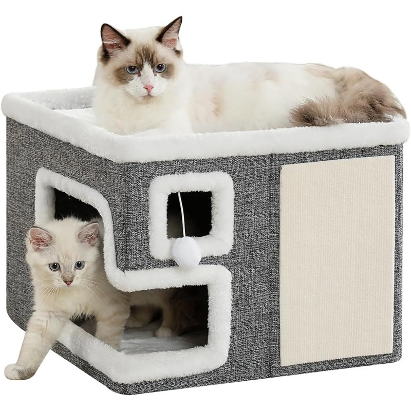 Cages à chat pour chats d'intérieur, lit-grotte couvert avec patin à griffes et boule pelucheuse, maisonnette pliable pour chat pour grands chats (gris, grand)