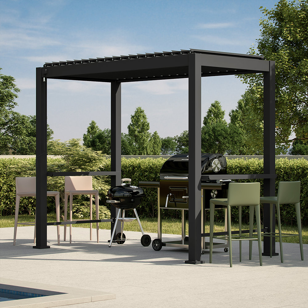 111S 5'x10' Alu. Grill Pergola with Louvered Roof, Bar Tables (Grill not included) Mirador