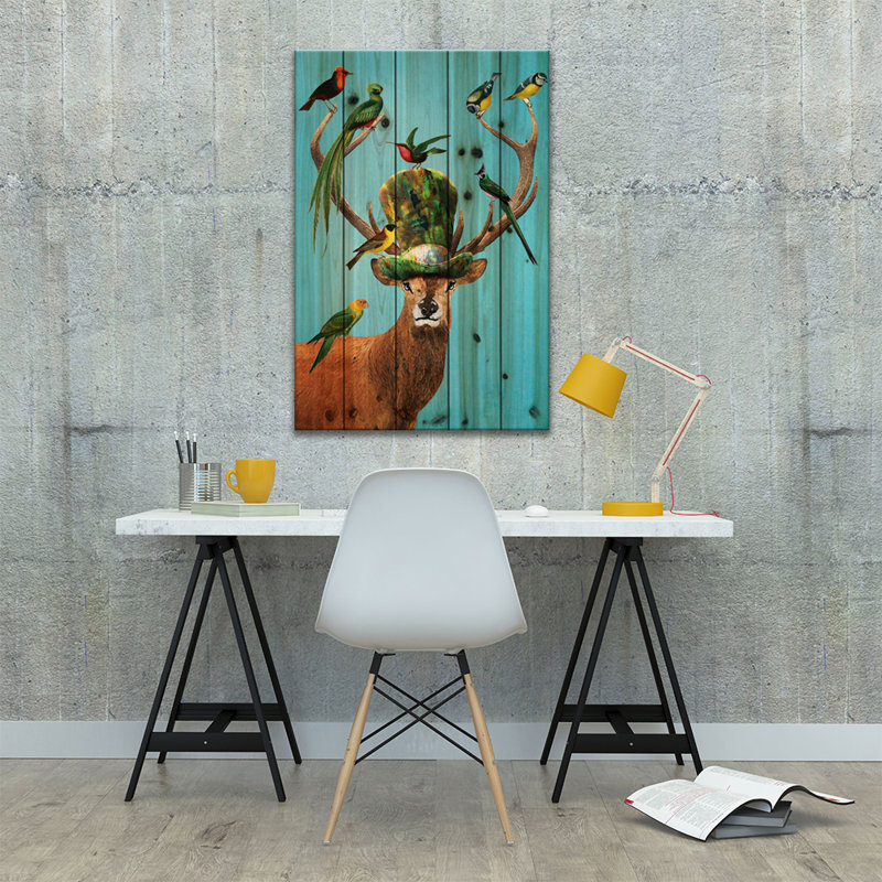 Cerf avec oiseaux, L 18 po x H 26 po