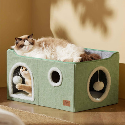 Bedsure Cozy Indoor Cat Cave Bed, Foldable Extra Wide Cube Hideaway with Hanging Fluffy Ball & Scratch Pad for Multiple Cats