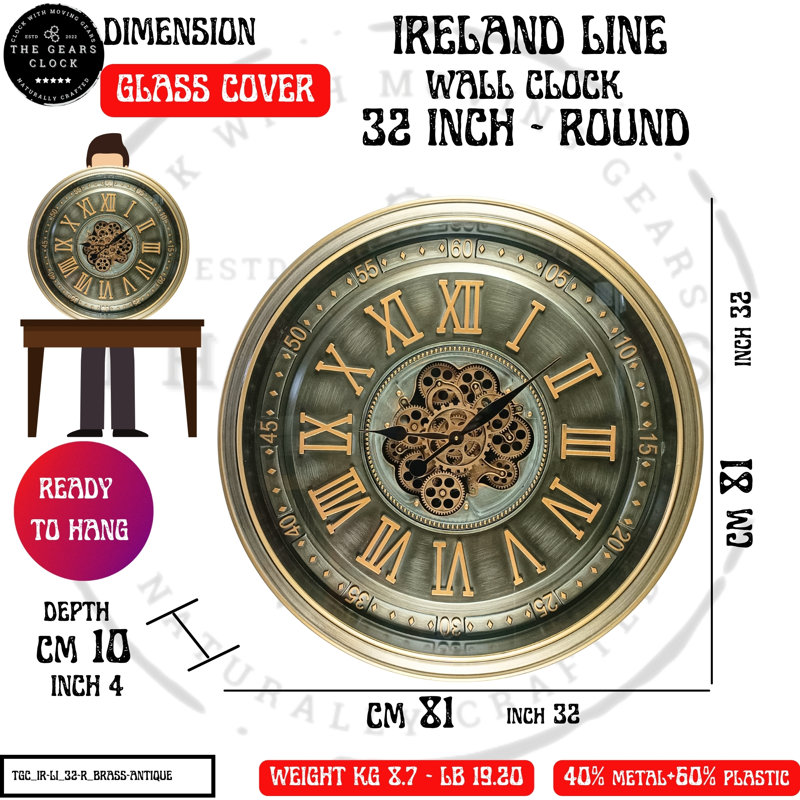 THE GEARS CLOCK Wall Clock with Real Moving Gears IR-LI_ 32 in Round BRASS-ANTIQUE
