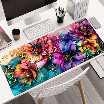  Tapis de souris en caoutchouc, surface en microfibre lisse, base antidérapante, tapis de souris décoratif à bord arrondi pour le bureau et les jeux, 16 po x 36 po, vitrail floral mauve