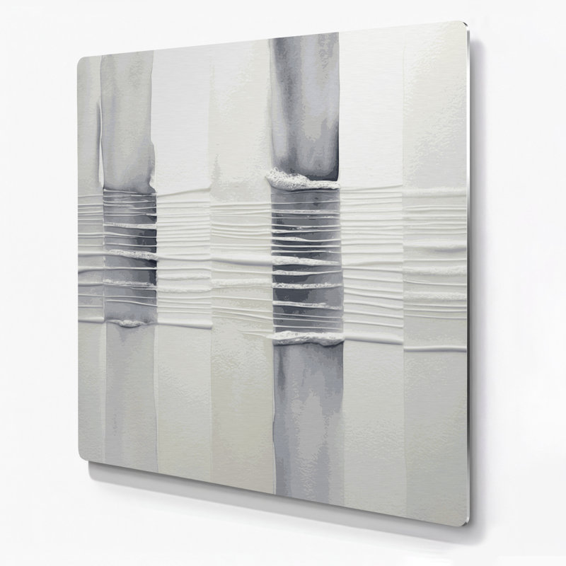 Art mural horizontal rayé gris clair, blanc, gris et métal, H 8 po x l 8 po