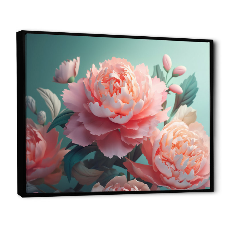 Pivoine rose verte en mouvement I sur toile, H 12 po x l 20 po x P 1 po, Cadre flottant noir