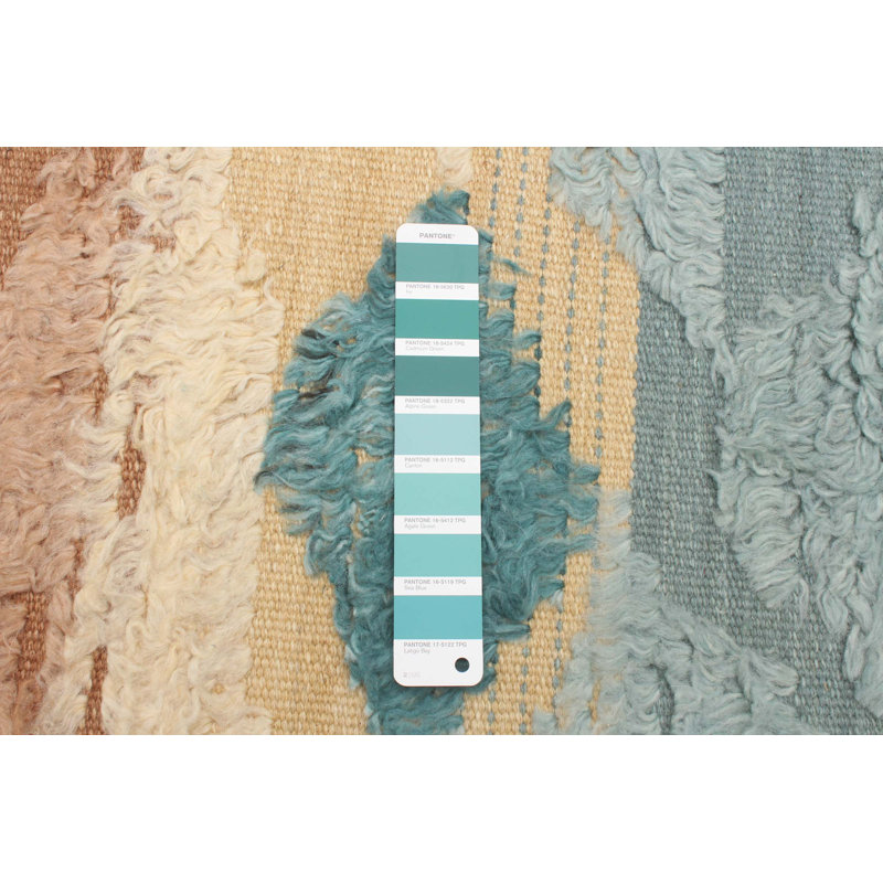 Tapis ivoire / bleu sarcelle marocain rectangulaire en laine noué à la main 5 pi x 8 pi 2 po