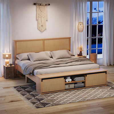 Natural Rattan Bed Frame, With Sliding Barn Door Storage Cabinets