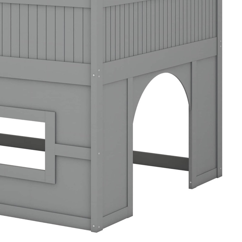 Structure de lit mezzanine basse en bois avec fonctions multiples, lit mezzanine bas pleine grandeur avec glissade, tablettes de rangement, porte et fenêtre