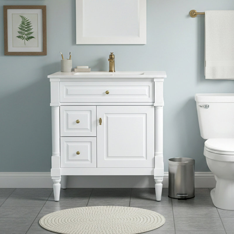 Armoire de salle de bain 30 po avec lavabo autoportant avec tiroir rabattable et tablette réglable, structure en bois d'hévéa massif, panneaux de fibres à densité moyenne et poignées en métal