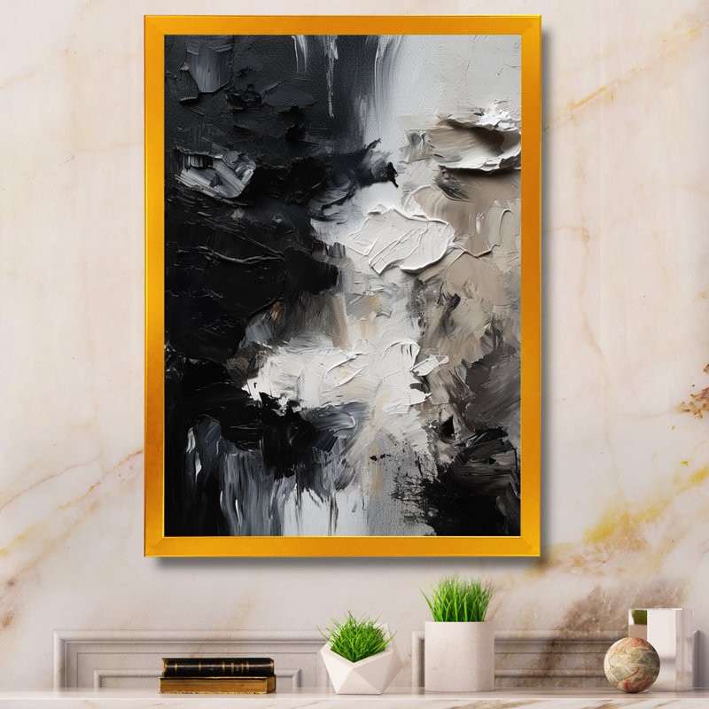 «Black Textured Splash Paint Art II», art mural abstrait, Cadre photo noir, H 20 po x l 12 po, Doré